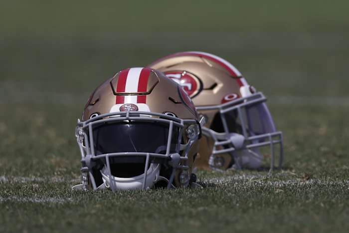 Aug 17, 2020; Santa Clara, CA, USA; Detail view of San Francisco 49ers helmets during training camp at SAP Performance Facility.